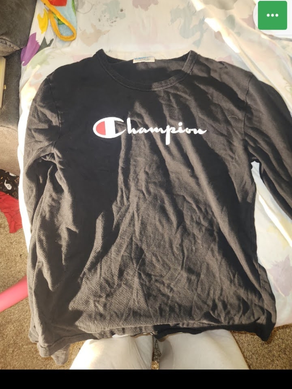 Champion Black Long-Sleeve Sweatshirt with White Script Logo and Red Accent